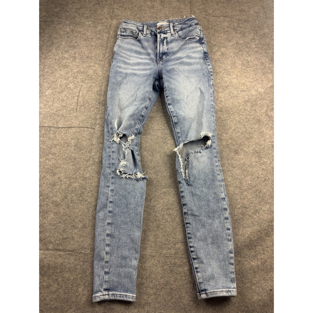 Good American Jeans Women's 2/25 Blue Skinny Jegging Distressed Light Wash